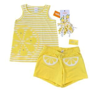 NWT Gymboree Yellow & White Stripes W/Embroidered Lemon Top, Short & Clips